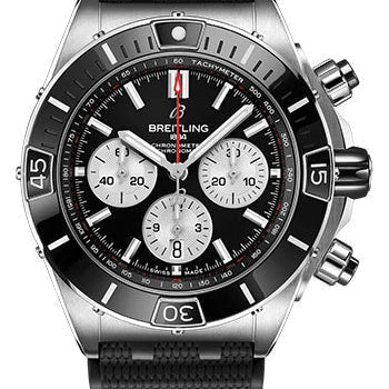 Breitling Super Chronomat B01 44 Watch - Stainless Steel - Black Dial - Black Rubber Strap - Folding Buckle - AB0136251B1S1