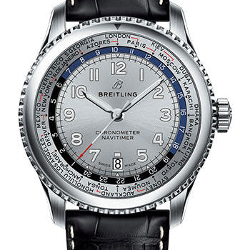 Breitling Aviator 8 B35 Automatic Unitime 43 Watch - Steel Case - Mercury Silver Dial - Black Croco Strap - AB3521U01G1P2
