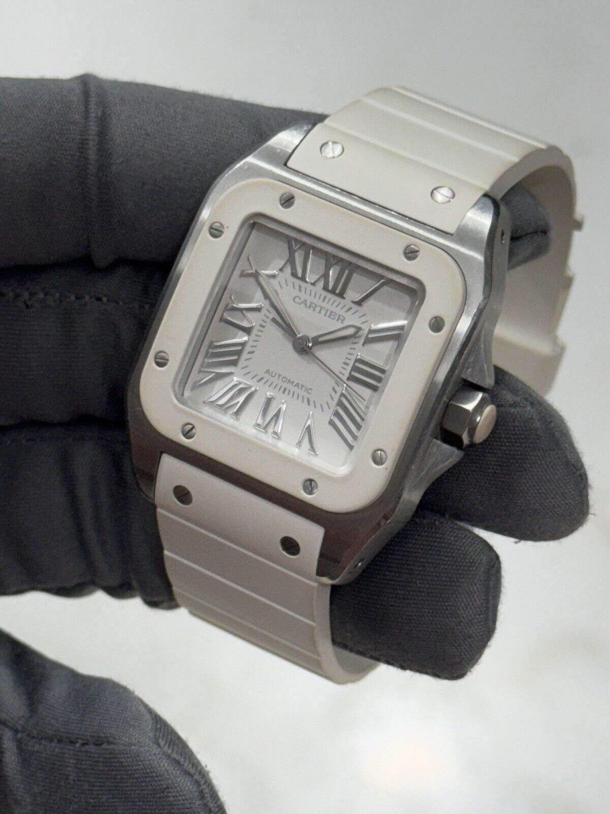 33mm Unisex Cartier Santos 100 White Steel and Rubber W201229U2 Watch