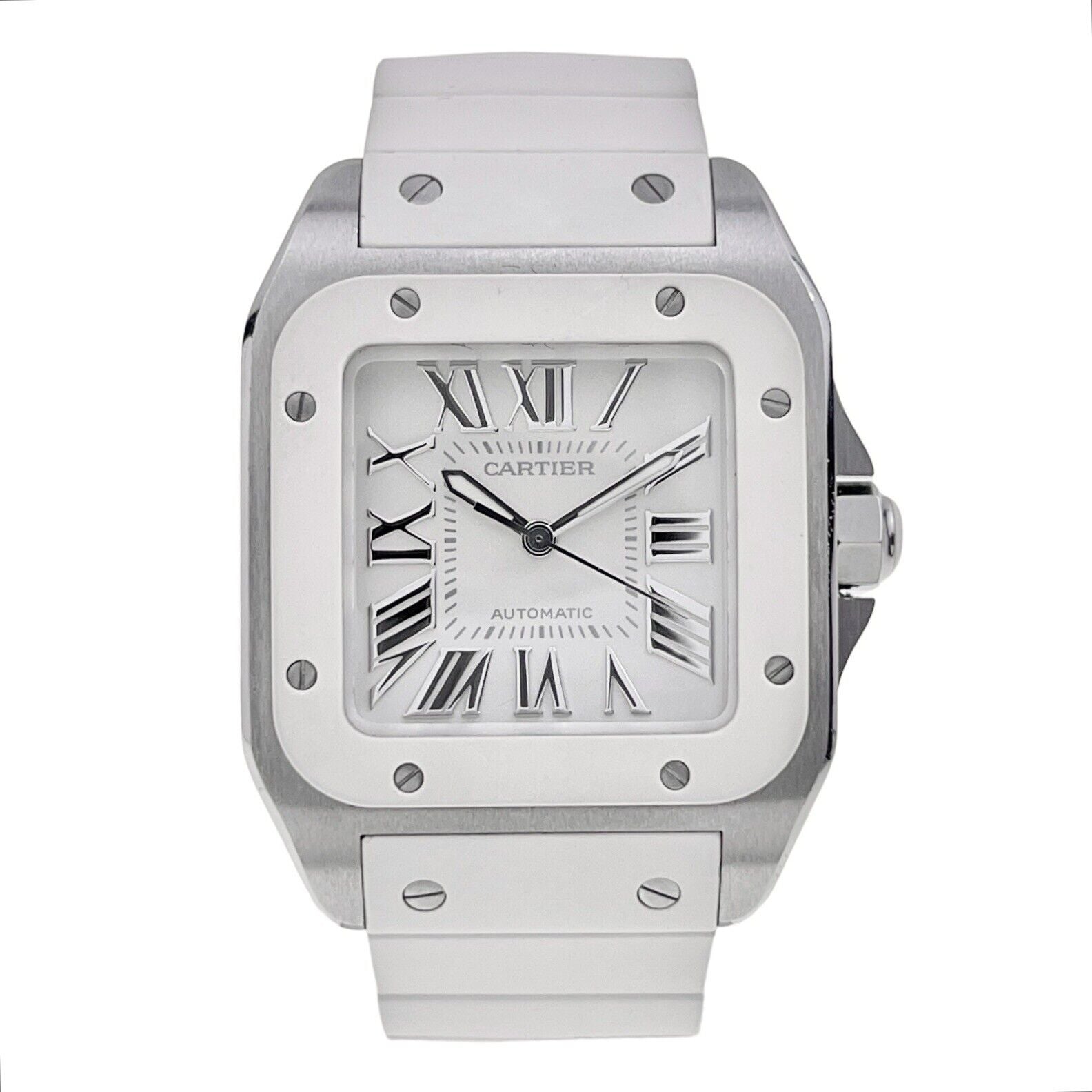 33mm Unisex Cartier Santos 100 White Steel and Rubber W201229U2 Watch