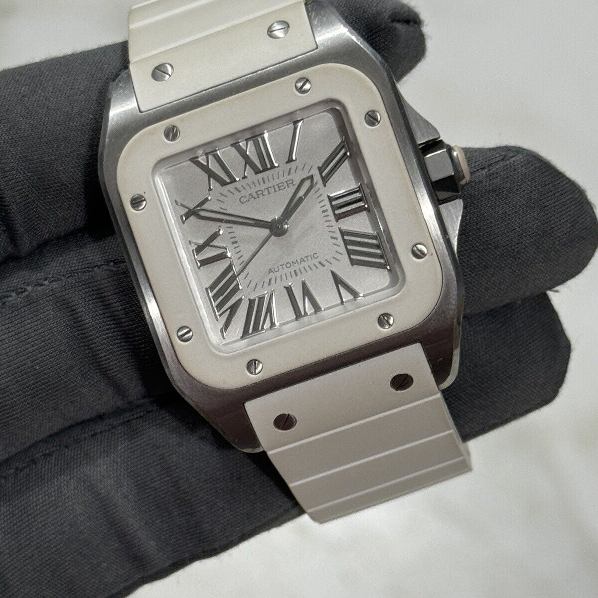 33mm Unisex Cartier Santos 100 White Steel and Rubber W201229U2 Watch