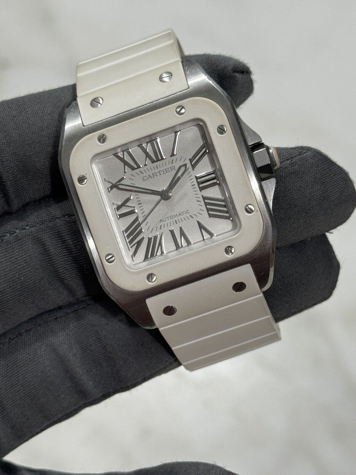 33mm Unisex Cartier Santos 100 White Steel and Rubber W201229U2 Watch