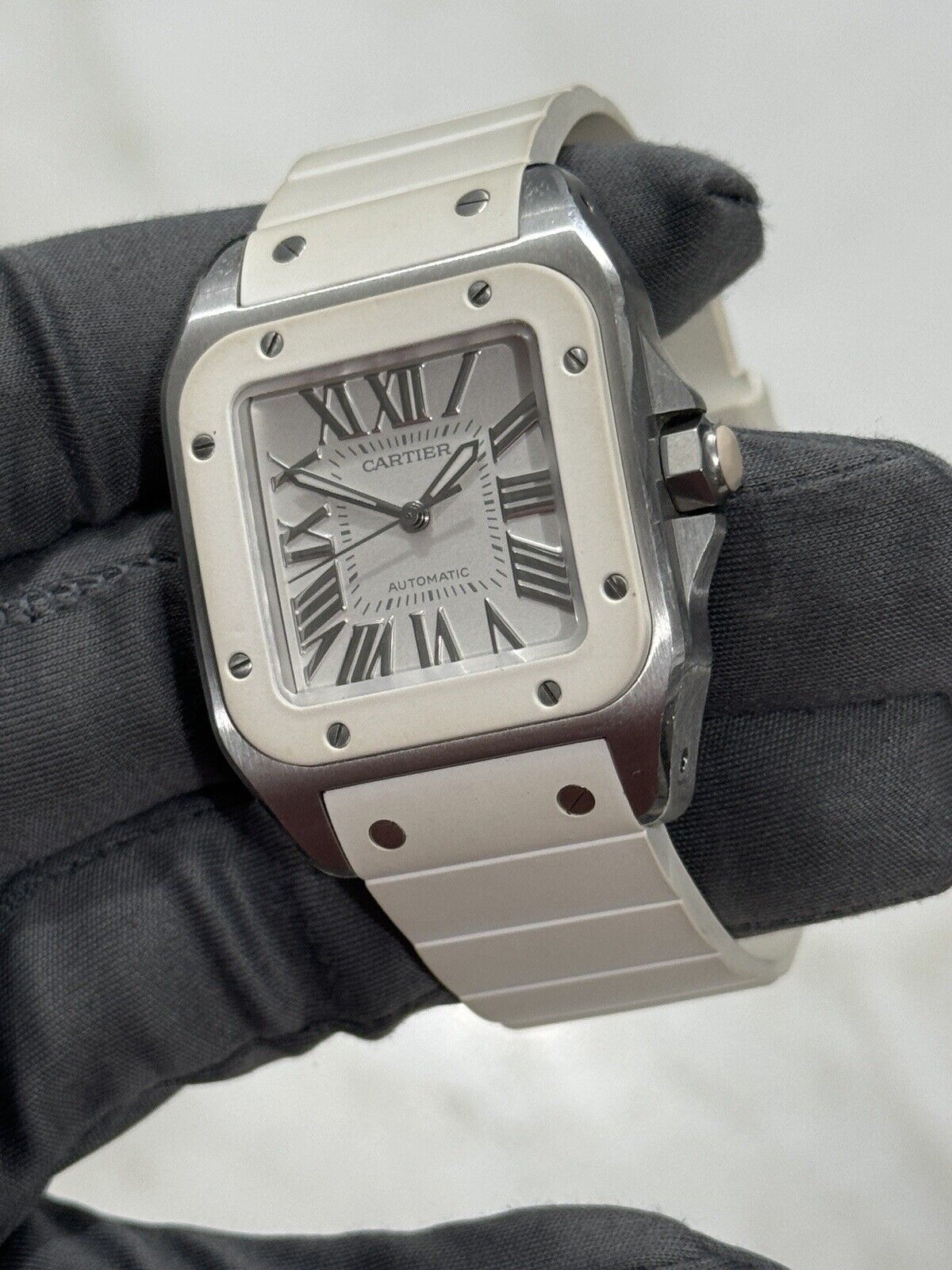33mm Unisex Cartier Santos 100 White Steel and Rubber W201229U2 Watch