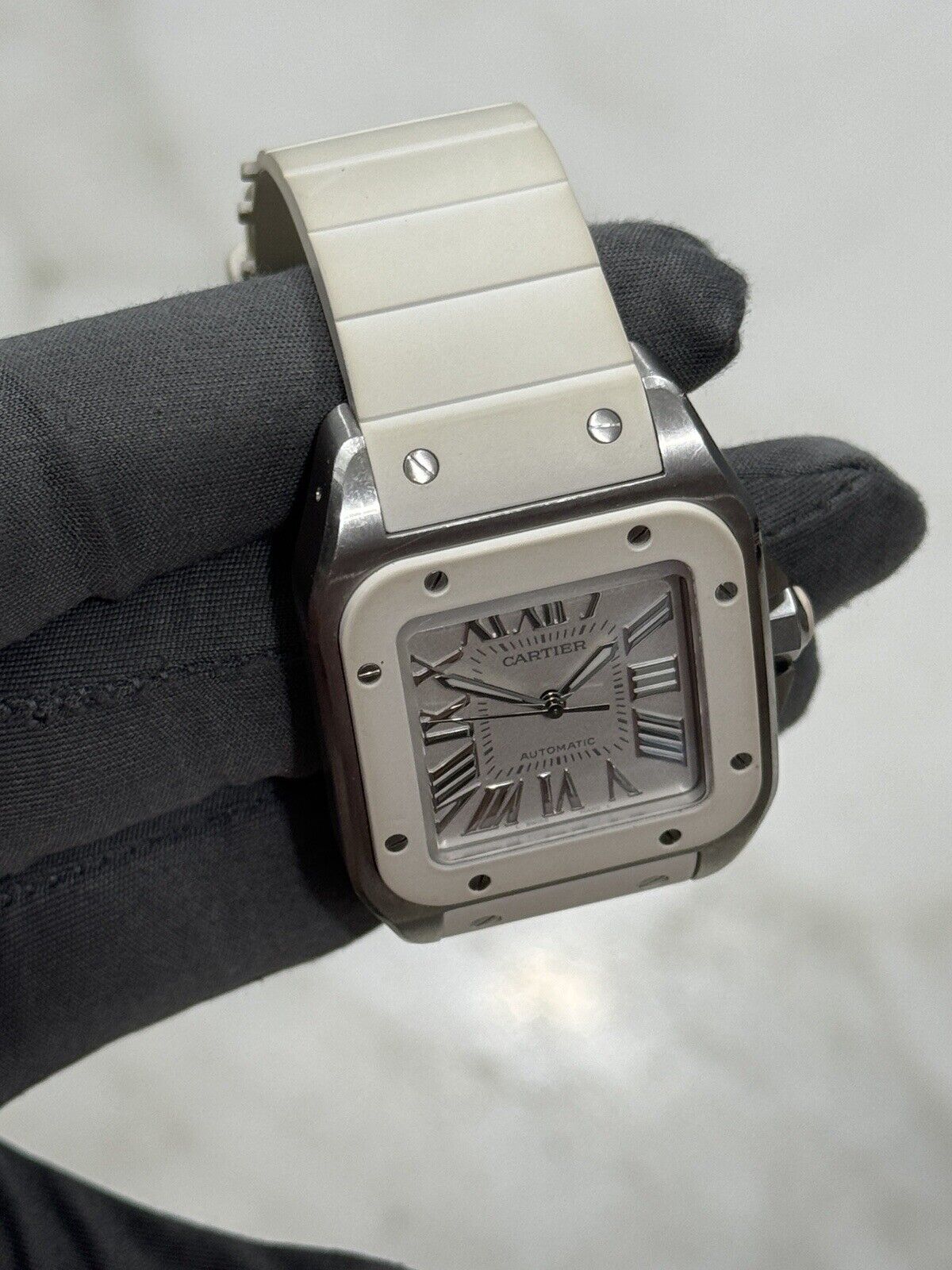 33mm Unisex Cartier Santos 100 White Steel and Rubber W201229U2 Watch