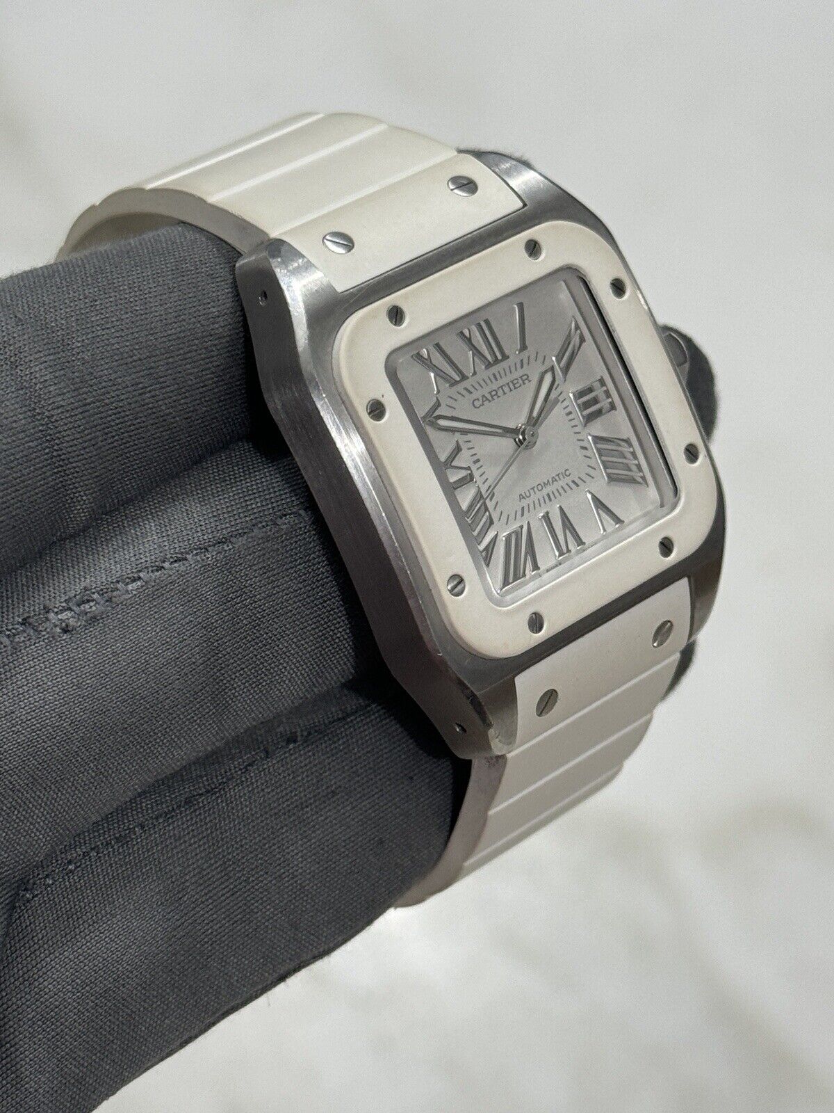 33mm Unisex Cartier Santos 100 White Steel and Rubber W201229U2 Watch