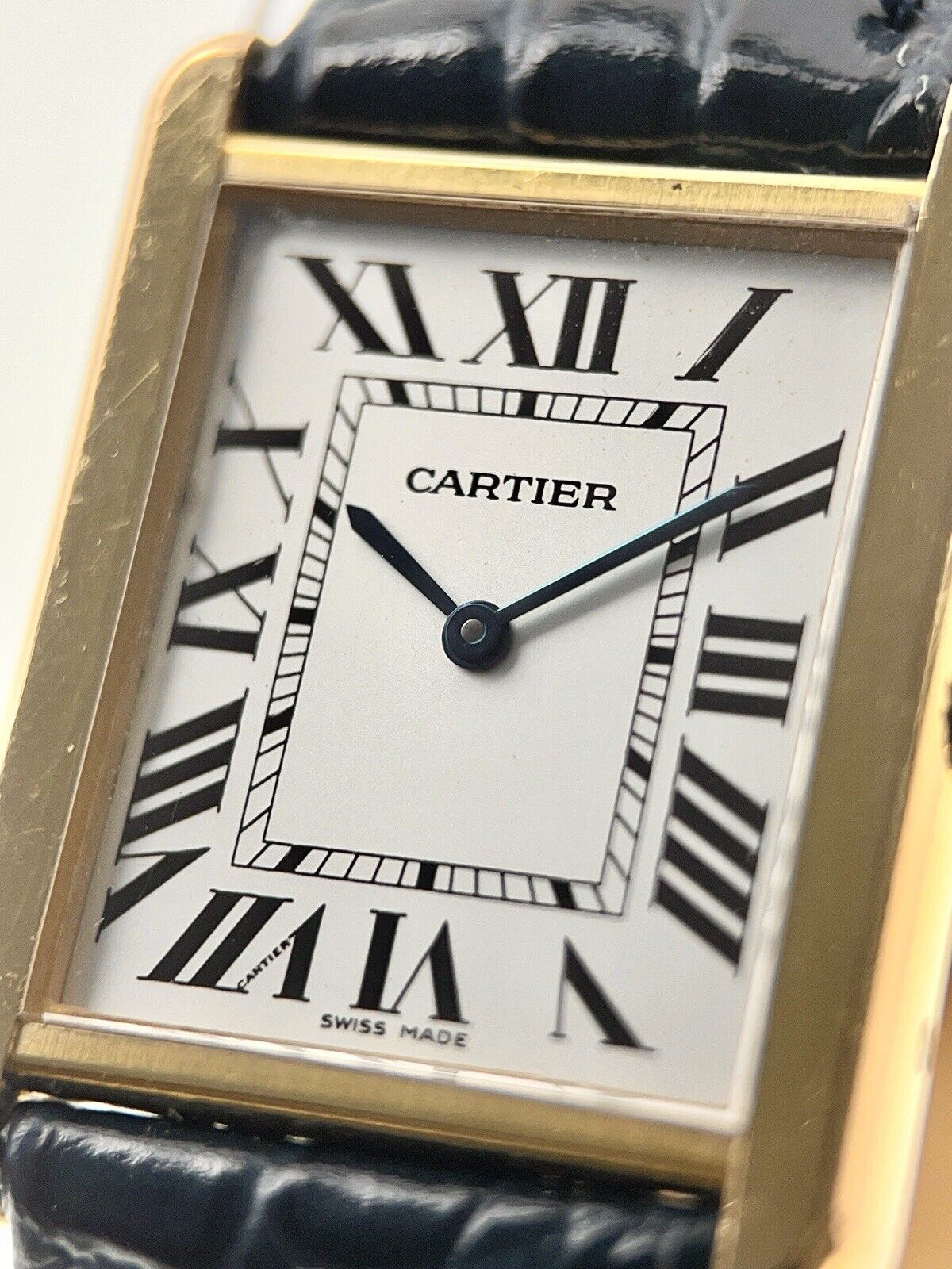 Cartier Tank Solo 27mm Yellow Gold Steel Quartz Blue Strap W1018855