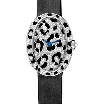 Cartier Mini Baignoire Panther Spots Watch - White Gold Diamond Case - Diamond Dial - Dark Gray Fabric Strap - HPI00703