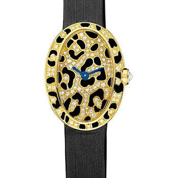 Cartier Mini Baignoire Panther Spots Watch - Yellow Gold Diamond Case - Diamond Dial - Dark Gray Fabric Strap - HPI00962