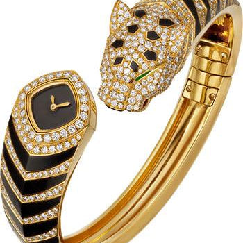 Cartier Panthere de Cartier Bangle Watch - 18 mm Yellow Gold Case - Black Dial - Size 17 Diamond Bracelet - HPI01219