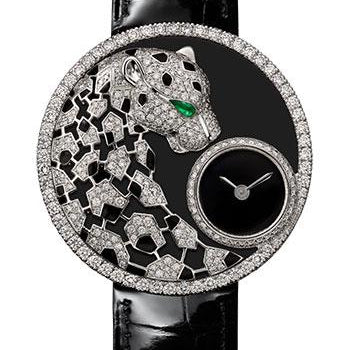 Cartier Panthere Dentelle Watch - 36 mm White Gold Diamond Case - Black Dial - Black Leather Strap - HPI01294