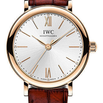 IWC Portofino Automatic 34 Watch - 34.0 mm 5N Gold Case - Silver Dial - Burgundy Alligator Strap - IW357401