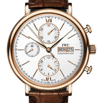 IWC Portofino Chronograph Watch - 42.0 mm 5N Gold Case - Silver Dial - Dark Brown Alligator Strap - IW391025