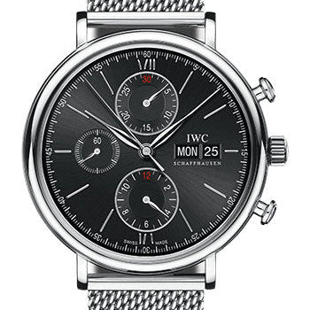 IWC Portofino Chronograph Watch - 42.0 mm Stainless Steel Case - Black Dial - Milanaise Mesh Steel Bracelet - IW391030
