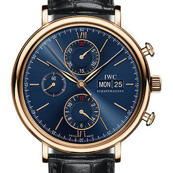 IWC Portofino Chronograph Watch - 42.0 mm 5N Gold Case - Blue Dial - Black Alligator Strap - IW391035
