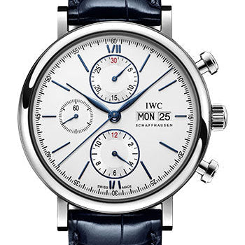 IWC Portofino Chronograph Watch - Stainless Steel Case - Silver-Plated Dial - Blue Alligator Leather Strap - IW391037