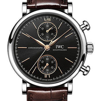 IWC Portofino Chronograph 39 Watch - Stainless Steel Case - Black Dial - Dark Brown Alligator Leather Strap - IW391404
