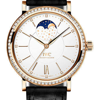 IWC Portofino Automatic Moon Phase 37 Watch - 37.0 mm 5N Gold Case - Diamond Bezel - Silver Dial - Black Alligator Strap - IW459009