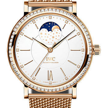 IWC Portofino Automatic Moon Phase 37 Watch - 37.0 mm 5N Gold Case - Diamond Bezel - Silver Dial - Milanaise Mesh 5N Gold Bracelet - IW459010