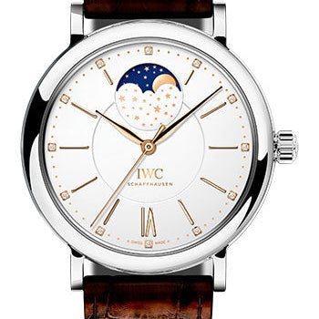 IWC Portofino Automatic Moon Phase 37 Watch - 37.0 mm Stainless Steel Case - Silver Dial - Dark Brown Alligator Strap - IW459011