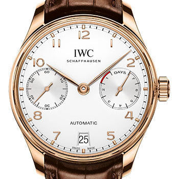 IWC Portugieser Automatic Watch - 42.3 mm 5N Gold Case - Silver Dial - Brown Alligator Strap - IW500701