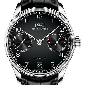 IWC Portugieser Automatic Watch - 42.3 mm Stainless Steel Case - Black Dial - Black Alligator Strap - IW500703