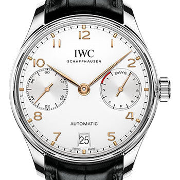 IWC Portugieser Automatic Watch - 42.3 mm Stainless Steel Case - Silver Dial - Black Alligator Strap - IW500704