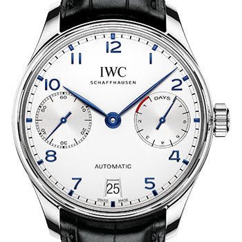 IWC Portugieser Automatic Watch - 42.3 mm Stainless Steel Case - Silver Dial - Black Alligator Strap - IW500705
