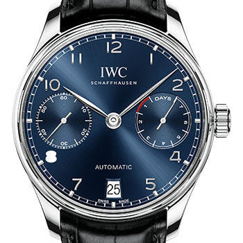 IWC Portugieser Automatic Watch - 42.3 mm Stainless Steel Case - Blue Dial - Black Alligator Strap - IW500710