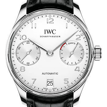 IWC Portugieser Automatic Watch - 42.3 mm Stainless Steel Case - Silver Dial - Black Alligator Strap - IW500712