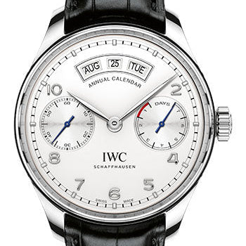 IWC Portugieser Annual Calendar Watch - 44.2 mm Stainless Steel Case - Silver Dial - Black Alligator Strap - IW503501