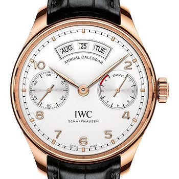 IWC Portugieser Annual Calendar Watch - 44.2 mm Red Gold Case - Silver Dial - Black Alligator Strap - IW503504