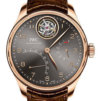IWC Portugieser Tourbillon Mystere Retrograde Watch - 44.2 mm Red Gold Case - Ardoise Dial - Dark Brown Alligator Strap - IW504602