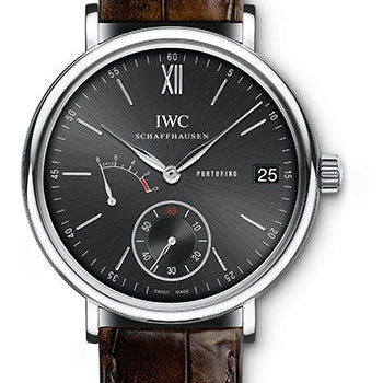 IWC Portofino Hand-Wound Eight Days Watch - 45 mm Stainless Steel Case - Black Dial - Dark Brown Alligator Strap - IW510102
