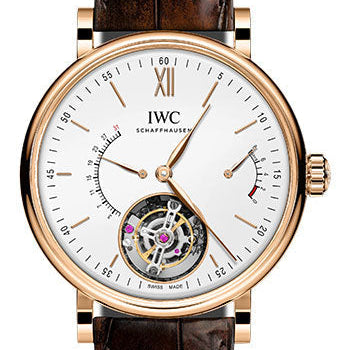 IWC Portofino Hand-Wound Tourbillon Retrograde Watch - 45.0 mm 5N Gold Case - Silver Dial - Dark Brown Alligator Strap - IW516501
