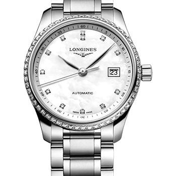 Longines Master Collection Automatic Watch - 25.5 mm Steel Diamond Case - White Mother-Of-Pearl Diamond Dial - Bracelet - L2.128.0.87.6