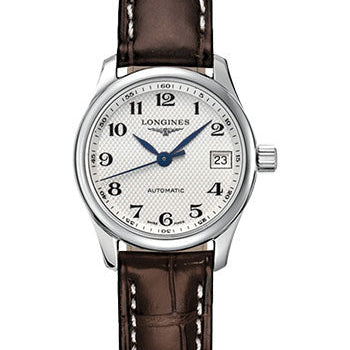 Longines Master Collection Watch - 25.5 mm Steel Case - Silver Barleycorn Arabic Dial - Brown Alligator Strap - L2.128.4.78.3