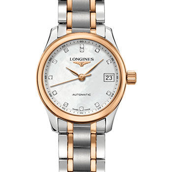 Longines Master Collection Watch - 25.5 mm Steel And Pink Gold Case - White Mother-Of-Pearl Diamond Dial - Steel And Pink Gold Cap 200 Bracelet - L2.128.5.89.7
