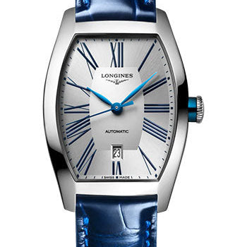 Longines Evidenza Automatic Watch - 26.00 X 30.6 mm Steel Case - Silver Roman Dial - Blue Strap - L2.142.4.70.2