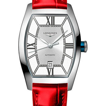 Longines Evidenza Automatic Watch - 26.00 X 30.6 mm Steel Case - Silver Roman Dial - Red Strap - L2.142.4.76.2