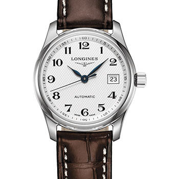 Longines Master Collection Watch - 29 mm Steel Case - Silver Barleycorn Arabic Dial - Brown Alligator Strap - L2.257.4.78.3