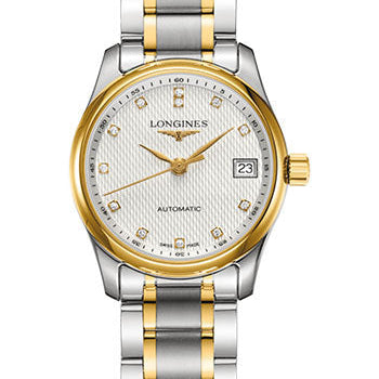 Longines Master Collection Watch - 29 mm Steel And Yellow Gold Cap 200 Case - Silver Barleycorn Diamond Dial - Bracelet - L2.257.5.77.7