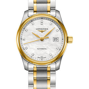 Longines Master Collection Watch - 29 mm Steel And Yellow Gold Cap 200 Case - White Mother-Of-Pearl Diamond Dial - Bracelet - L2.257.5.87.7