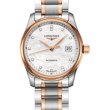 Longines Master Collection Watch - 29 mm Steel And Pink Gold Cap 200 Case - White Mother-Of-Pearl Diamond Dial - Bracelet - L2.257.5.89.7