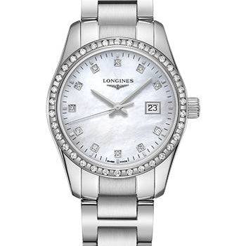 Longines Conquest Classic Quartz Watch - 29.5 mm Steel Diamond Case - White Mother-Of-Pearl Diamond Dial - Bracelet - L2.286.0.87.6