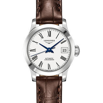 Longines Record collection Watch - 26 mm Steel Case - White Roman Dial - Brown Alligator Strap - L2.320.4.11.2
