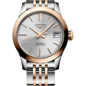 Longines Record Collection Automatic Watch - 26 mm Steel And Pink Gold Case - Silver Dial - Steel And Pink Gold Cap 200 Bracelet - L2.320.5.72.7