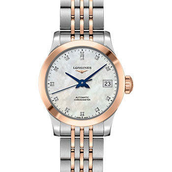 Longines Record collection Watch - 26 mm Steel And 18K Pink Gold Cap 200 Case - White Mother-Of-Pearl Diamond Dial - Bracelet - L2.320.5.87.7