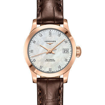 Longines Record collection Watch - 26 mm 18K Pink Gold Case - White Mother-Of-Pearl Diamond Dial - Brown Alligator Strap - L2.320.8.87.2