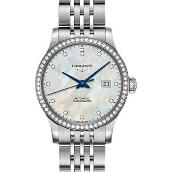 Longines Record Collection Automatic Watch - 30 mm Steel Diamond Case - White Mother-Of-Pearl Diamond Dial - Bracelet - L2.321.0.87.6