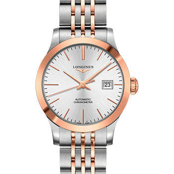Longines Record Collection Automatic Watch - 30 mm Steel And Pink Gold Case - Silver Dial - Steel And Pink Gold Cap 200 Bracelet - L2.321.5.72.7